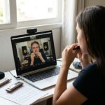 Alumna en clase online de armónica blues por videollamada con profesor en pantalla