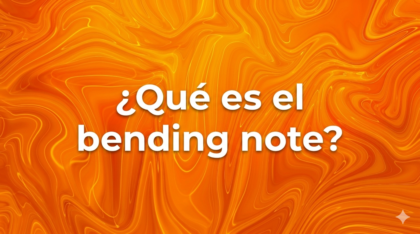 Imagen de portada para blog sobre armónica con el texto "¿Qué es el bending note?" escrito en letras blancas grandes sobre un fondo abstracto de marmoleado líquido en tonos naranja intenso y amarillo brillante