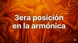 Imagen destacada para blog sobre armónica con el texto "3era posición en la armónica" escrito en letras blancas sobre un fondo abstracto de marmoleado naranja y dorado vibrante