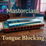 Fotografía cinematográfica y vibrante en primer plano de una armónica Hohner Marine Band sobre una mesa de madera, con partituras de técnicas de Tongue Blocking y textos superpuestos de "Masterclass" y "Tongue Blocking".